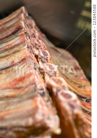 Marbled beef dry aging lies in the refrigerator in a restaurant. Marbled beef dry aging lies in the refrigerator in a restaurant. 123843588