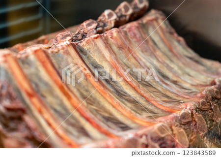 Marbled beef dry aging lies in the refrigerator in a restaurant. Marbled beef dry aging lies in the refrigerator in a restaurant. 123843589