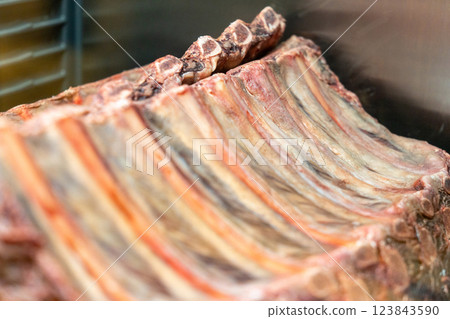 Marbled beef dry aging lies in the refrigerator in a restaurant. Marbled beef dry aging lies in the refrigerator in a restaurant. 123843590