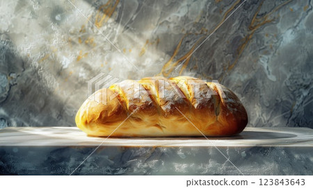 Freshly Baked Artisan Bread Loaf on Wooden Table Under Sunlight 123843643
