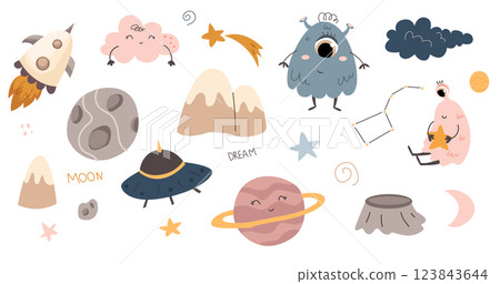 collection of planets, stars in boho style for kids. Vector illustration. kids and space. set of space illustrations for children's room 123843644