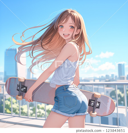Skateboard girl _ smiling while holding a skateboard 123843651