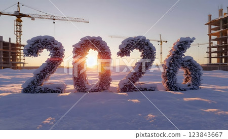 Cranes building construction prepare to welcome the new year 2026 on the sunset 123843667