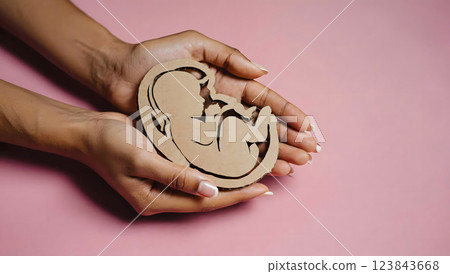 Cardboard embryo silhouette in woman hands on the right side. Pink background. Pregnancy, contraceptive and abortion. 123843668