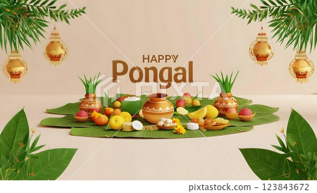 South Indian Harvesting Festival Happy Pongal Greeting Card Background. 123843672