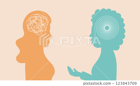 Psychotherapist and patient. Couple talking, characters silhouettes. Psychotherapy session or psychological consultation. Sad or frustrated female character. Psychotherapist and patient. Couple talking, characters silhouettes. Psychotherapy session or psychological consultation. Sad or frustrated female character. 123843709