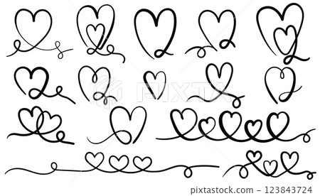 Heart line art set, hand drawn love symbols, isolated vector clip art 123843724