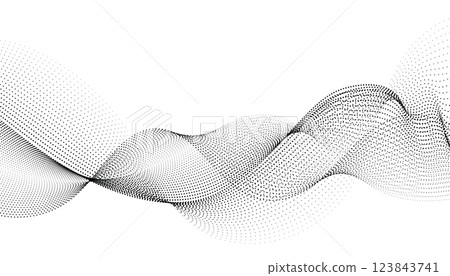 Flowing dots particles wave pattern halftone gradient curve shape isolated on white background. 123843741