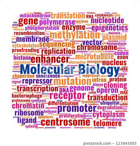 Molecular Biology Word Cloud. Key Concepts in DNA, RNA, Proteins, and Cellular Processes Molecular Biology Word Cloud. Key Concepts in DNA, RNA, Proteins, and Cellular Processes 123843805