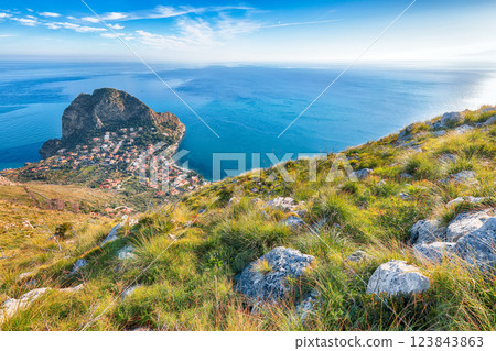 Spectacular view of Santa Flavia town with cape Zafferano and national park Orientata Pizzo Cane. 123843863