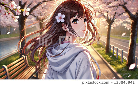 A girl looks back on a road lined with cherry blossoms A girl looks back on a road lined with cherry blossoms 123843941