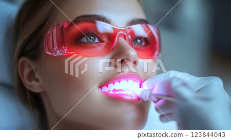 A woman receiving a teeth whitening treatment with a glowing dental device A woman receiving a teeth whitening treatment with a glowing dental device 123844043