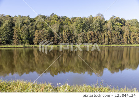 a lake with trees and various shrubs growing on the shore 123844124