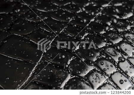 black polished leather dyed black with embossed crocodile leather covered with water droplets black polished leather dyed black with embossed crocodile leather covered with water droplets 123844200
