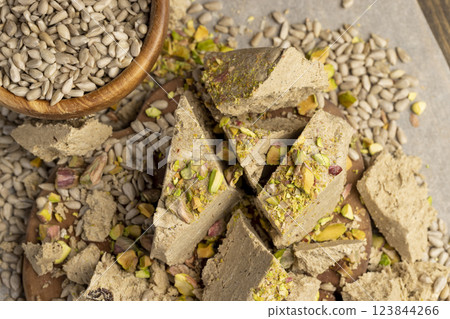 halva made from roasted sunflower seeds and crushed into one solid mass 123844266