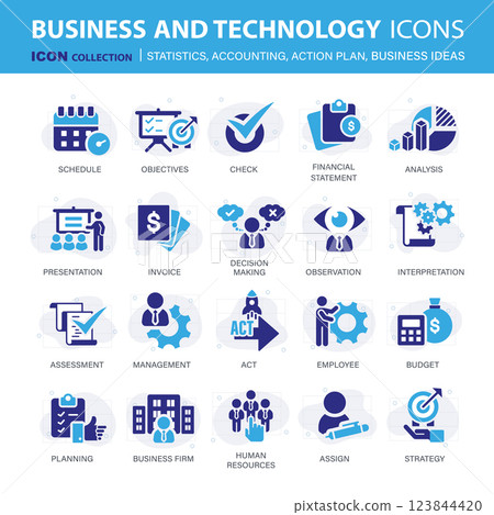 Business, data analysis, organization management and technology icon set. Teamwork, strategy, planning, marketing, cloud technology, data analysis, employee icon set. Icons vector collection 123844420