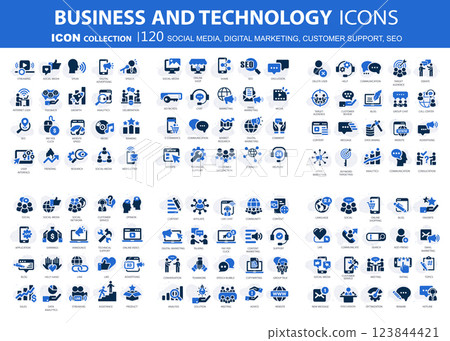 120 Business, data analytics, organization management icons. Social media, digital marketing, customer support and seo icon set. Vector icon collection 123844421