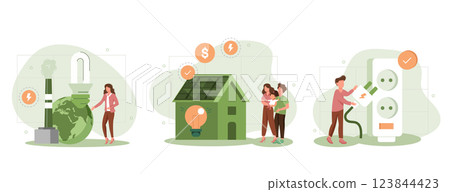 Green electricity and power save concept. Sustainability illustration set. Characters reduce energy consumption at home, unplug appliances and use energy saving light bulb. Vector illustration. 123844423
