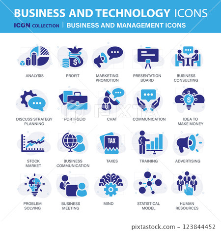 Business and management icon set. Icons for leadership, teamwork, job and work, statistics, analytics and advertising. Flat vector illustration. Blue icon for business collection Business and management icon set. Icons for leadership, teamwork, job and work, statistics, analytics and advertising. Flat vector illustration. Blue icon for business collection 123844452