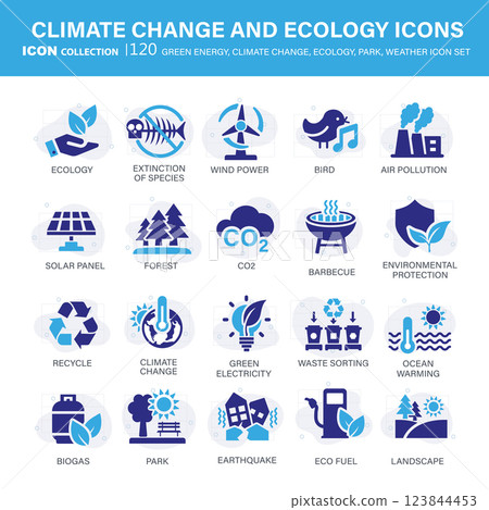 Climate change, ecology, green energy, park and weather icon set. Containing global warming, renewable energy, greenhouse, melting ice, earth pollution, outdoor activity. Flat vector illustration Climate change, ecology, green energy, park and weather icon set. Containing global warming, renewable energy, greenhouse, melting ice, earth pollution, outdoor activity. Flat vector illustration 123844453