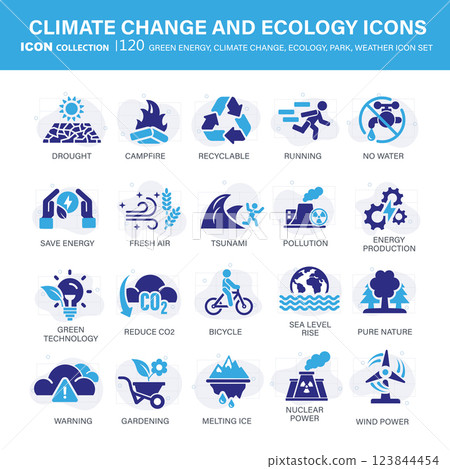 Climate change, ecology, green energy, park and weather icon set. Containing global warming, renewable energy, greenhouse, melting ice, earth pollution, outdoor activity. Flat vector illustration Climate change, ecology, green energy, park and weather icon set. Containing global warming, renewable energy, greenhouse, melting ice, earth pollution, outdoor activity. Flat vector illustration 123844454