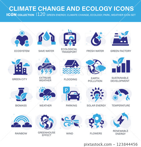 Climate change, ecology, green energy, park and weather icon set. Containing global warming, renewable energy, greenhouse, melting ice, earth pollution, outdoor activity. Flat vector illustration Climate change, ecology, green energy, park and weather icon set. Containing global warming, renewable energy, greenhouse, melting ice, earth pollution, outdoor activity. Flat vector illustration 123844456