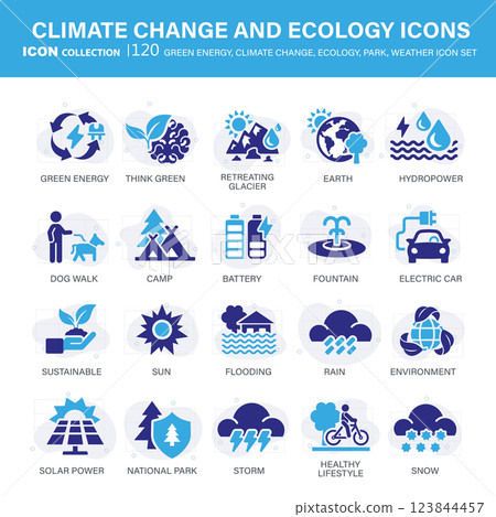 Climate change, ecology, green energy, park and weather icon set. Containing global warming, renewable energy, greenhouse, melting ice, earth pollution, outdoor activity. Flat vector illustration Climate change, ecology, green energy, park and weather icon set. Containing global warming, renewable energy, greenhouse, melting ice, earth pollution, outdoor activity. Flat vector illustration 123844457