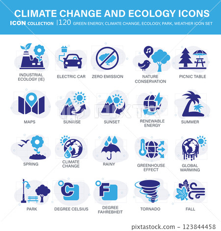 Climate change, ecology, green energy, park and weather icon set. Containing global warming, renewable energy, greenhouse, melting ice, earth pollution, outdoor activity. Flat vector illustration Climate change, ecology, green energy, park and weather icon set. Containing global warming, renewable energy, greenhouse, melting ice, earth pollution, outdoor activity. Flat vector illustration 123844458