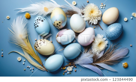 Easter eggs on blue pastel background 123844490