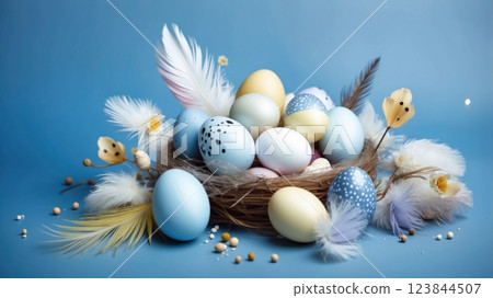 Easter eggs on blue pastel background 123844507