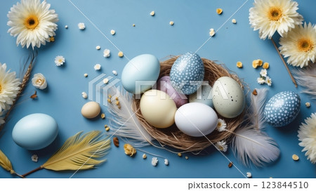 Easter eggs on blue pastel background 123844510