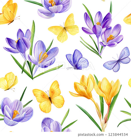 seamless pattern with blooming flower, watercolor crocus, spring flowers for decorating textiles, packaging, wallpaper seamless pattern with blooming flower, watercolor crocus, spring flowers for decorating textiles, packaging, wallpaper 123844534