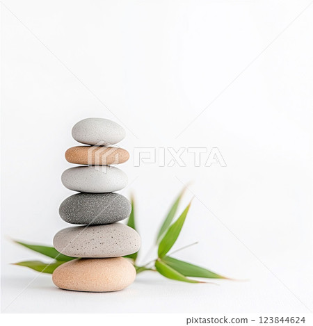Balanced Stack of Zen Stones with Bamboo Leaves on White Background Balanced Stack of Zen Stones with Bamboo Leaves on White Background 123844624
