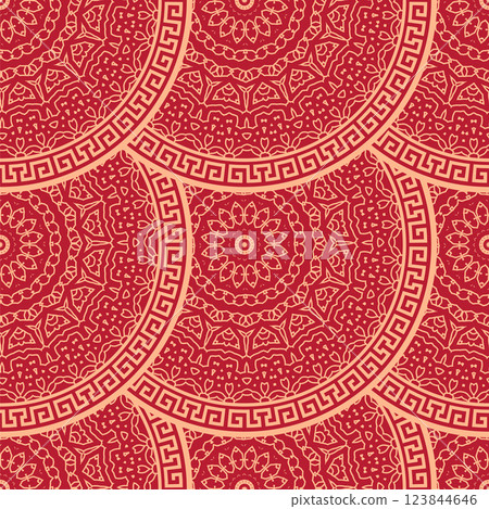 Vector Japanese seamless pattern in oriental geometric traditional style. Festive ornament for lunar chinese new year decoration. Red and golden asian creative motif. Abstract Waves and Circles 123844646