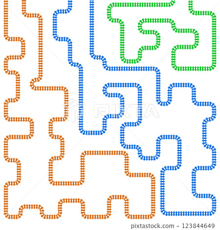 Vector Railway train track illustration. Rail pattern round circular curve railroad path icon. Straight, circular, rectangular, oval shapes, symbolizing transport routes 123844649