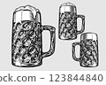Glass of foamy beer, classic bavarian mug for beer fest in engraving, retro, vintage, woodcut, linocut, black line art. All vector shapes and lines are clear, hand-drawn by human, without tracing. Glass of foamy beer, classic bavarian mug for beer fest in engraving, retro, vintage, woodcut, linocut, black line art. All vector shapes and lines are clear, hand-drawn by human, without tracing. 123844840