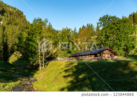 Alpine scenery with a log cabin in the Bavarian Alps, on a sunny day in summer 123844868