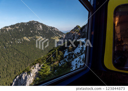 Cog railway window view in the Bavarian Alps on a sunny day in September Cog railway window view in the Bavarian Alps on a sunny day in September 123844873