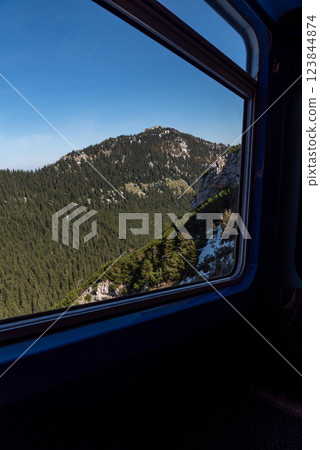 Cog railway window view with mountain peaks in the Bavarian Alps, Germany Cog railway window view with mountain peaks in the Bavarian Alps, Germany 123844874
