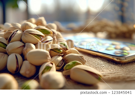 Pistachios resting on burlap with smartphone displaying pistachio image 123845041