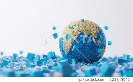 Digital earth globe surrounded by floating digital blocks on white background 123845042