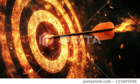 Burning arrow hitting the center of target, concept of business success 123845046