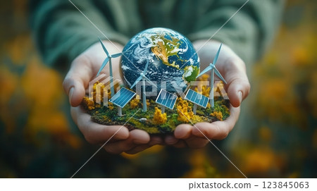 Environmentalist holding miniature earth with solar panels and wind turbines 123845063