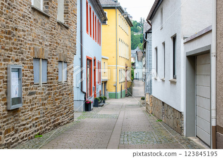 Empty street with historic houses, windows, stone road in the center of old town. Germany. 123845195