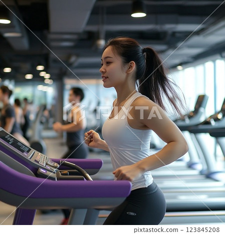 年輕女子在健身房跑步機上跑步減肥 年輕女子在健身房跑步機上跑步減肥 123845208