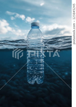 Plastic bottle floating on the surface of the ocean polluting water 123845245
