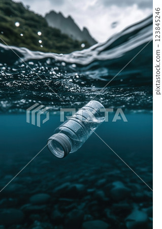 Plastic water bottle polluting ocean water near tropical island Plastic water bottle polluting ocean water near tropical island 123845246