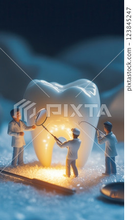 Miniature dentists working on glowing tooth model, innovative dental care concept 123845247