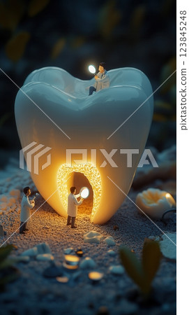 Miniature dentists examining and repairing a glowing tooth at night Miniature dentists examining and repairing a glowing tooth at night 123845248