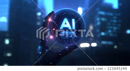 Robot hand holding artificial intelligence icon in futuristic city at night 123845249